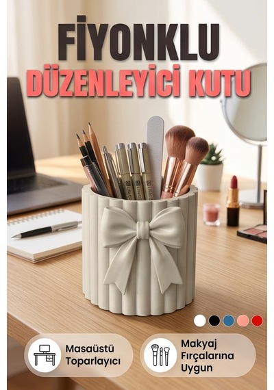 Fiyonklu Çizgili Düzenleyici Kutu Masaüstü Kalemlik Makyaj Fırçalık Beyaz