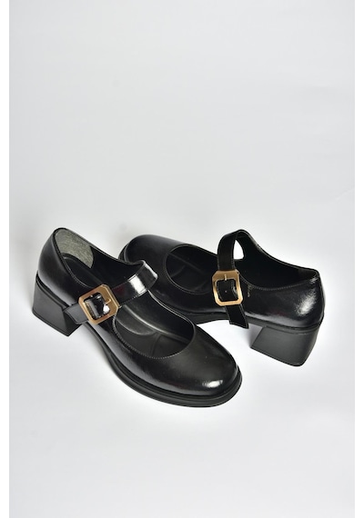 Fox Shoes T820236060 Siyah Rustik Kalın Topuklu Kadın Ayakkabı Siyah