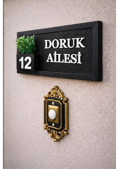 Kişiye Özel Ahşap Kapı İsimliği Çiçekli 10x20 Cm Mdf Dekoratif Kapı Tabelası Antrasit-siyah
