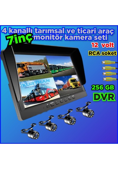 7 İnç Dvr Ekran Ve 4 Ad Beyaz Ledli Kelebek Kamera Set 12 Volt