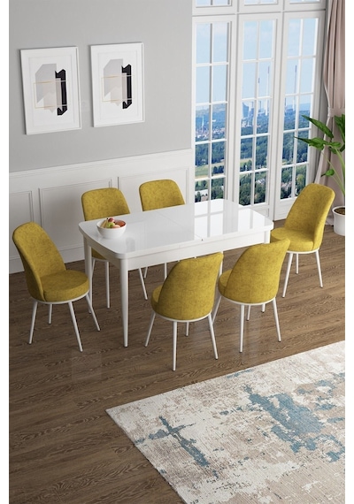 Canisa Han Serisi, Beyaz 70x114 Açılabilir Mdf Mutfak Masa Takımı, 6 Hardal Sandalye Masa Beyaz Sandalyeler Hardal Sarısı
