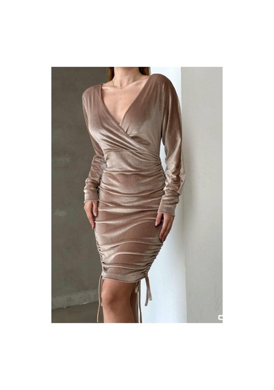 DefyModa Kadın Sade Kadife Kumaş Kruvaze Yaka Drapeli Mini Abiye Elbise Vizon