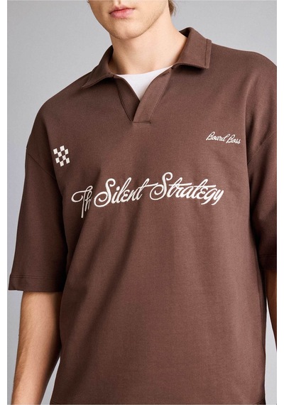 Defacto Loose Fıt Slogan Baskılı Sweatshirt Kumaşı Polo Yaka Tişört F8676ax26spbn151 Kahve-bn151