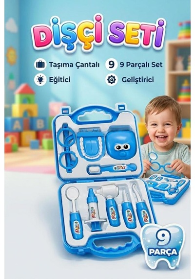 Minik Diş Hekimi - Çantalı Gözlüklü 9 Parça Dişçi Ekipman Ve Alet Eğitici Oyuncak Seti Mavi