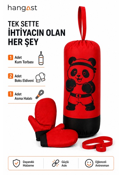 Çocuk Boks Seti Panda Desenli Asılabilir Boks Torbası Eldivenli Kırmızı