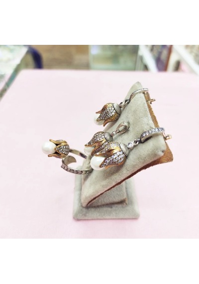Oriental Kuyumculuk Jewellery İnci Lale Tulip Gümüş Set Beyaz