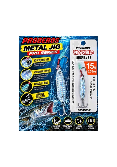 Proberos 15 Gr Metal Jig Buz Mavisi Gümüş Hologramlı 3d Gözlü Çift Iğneli Parlak Reflektörlü