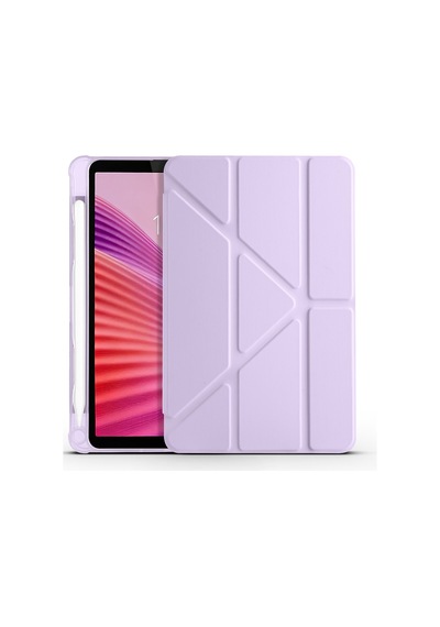 Lenovo Tab One 8.7 2025 Tb-305fu Uyumlu Kalem Bölmeli Dönebilen Üçgen Standlı Tri Folding Tablet Kılıfı - Lila - T41659