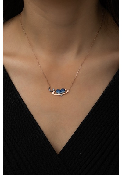 Papatya Silver Satürn Kuşaklı Kalp Ay Yıldız Bayrak Kolye Rose Gold Kaplama 925 Ayar Gümüş, UVPS100492