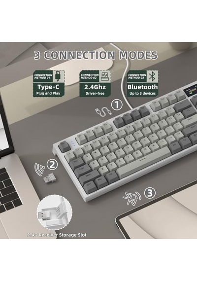 Rk86 Kablosuz Mekanik Klavye, Gaming Klavye Conta Montajlı, 3 Mod 2.4ghz/bluetooth/type C Apex Pro Tkl Rgb 75% Oyuncu Klavyesi, Tft Renkli Ekran, Topuz, Hot Swappable Doğrusal Anahtar