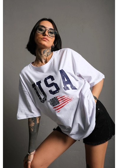 Startmore Usa Flag Baskılı Beyaz Oversize Tişört Beyaz