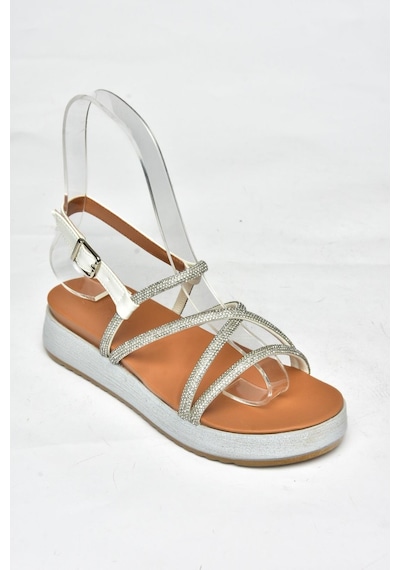 Fox Shoes S314002409 Beyaz Taş Detaylı Kadın Sandalet Beyaz