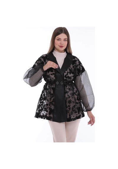 Furrier Organze Flok Baskılı Saten Detaylı Ceket Siyah