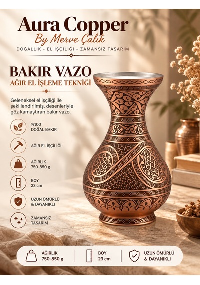 Aura Copper Dekoratif Bakır Vazo 23 Cm Ağır El İşlemeli El Yapımı Obje Çiçeklik Vz-00004
