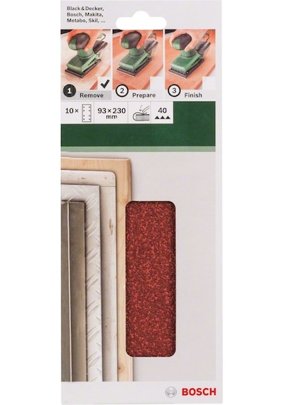 Bosch Zımpara Kağıdı 10'lu 93 x 230 mm 40 Kum 8 Delik 2609256A94