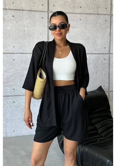Trend Alisse Kadın Siyah Kimono Gömlek Şort Alt Üst Takım
