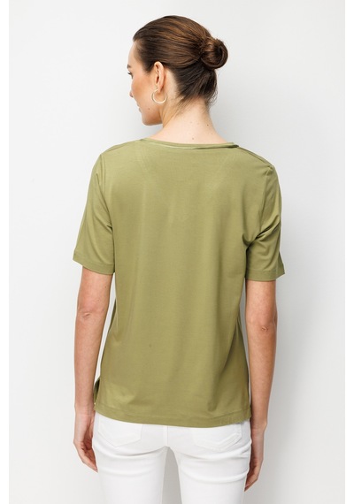 Desen Triko Kadın V Yaka Cebi Saten Şeritli Penye T-shirt 26828 Yeşil Yeşil