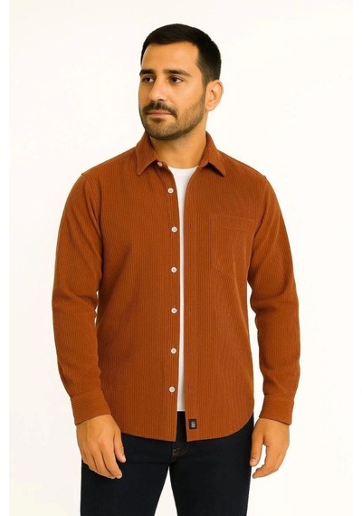 Freedom Store Erkek Fitilli Kadife Cepli Gömlek Oversize Rahat Kalıp - Kahverengi