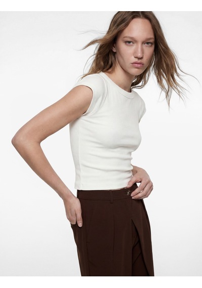Koton Slim Fit Kısa Kollu Kayık Yaka Kaşkorse Pamuklu Tişört Ekru 6sal10685ık