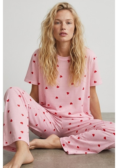 Siyah İnci İnce Soft Örme Mevsimlik Pijama Takımı 8003 Pembe Kırmızı Kalp
