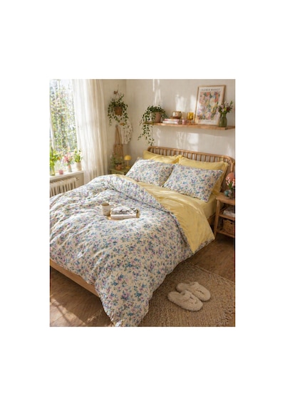 %100 Pamuk Çift Kişilik Nevresim Takımı Spring Bloom Sarı Sarı Lila Yeşil