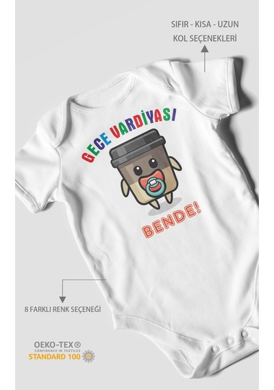 Gece Vardiyası Bende Baskılı Bebek Zıbını Çıtçıtlı Body %100 Pamuk Kısa Kol Beyaz