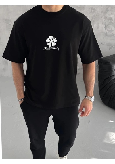 Freedom Storee Erkek Kısa Kol Tişört Bisiklet Yaka Yonca Baskılı Oversize T-shirt - Siyah Çok Renkli