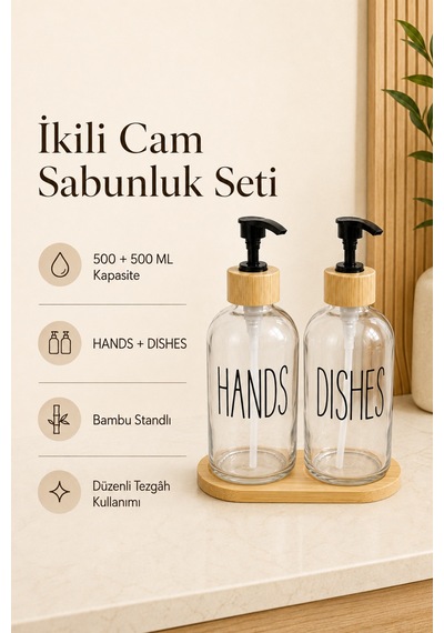 Relly Bambu Standlı İkili Cam Sabunluk Seti 2 X 500 Ml Hands & Dıshes Şeffaf