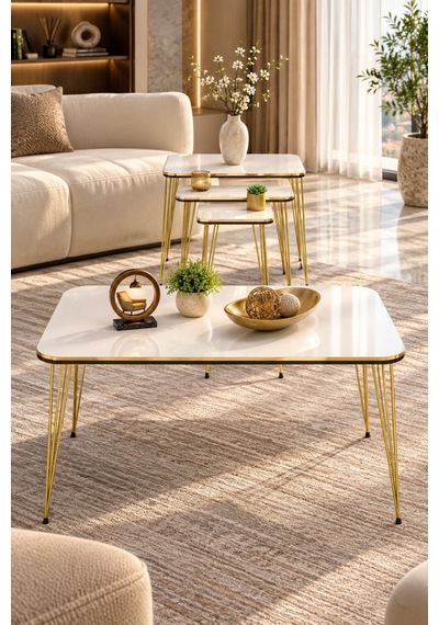 Odera Çift Beyaz Orta Sehpa Ve Zigon Sehpa 4'lü Set Metal Tel Ayaklı Modern Retro Salon Sehpası Diğer