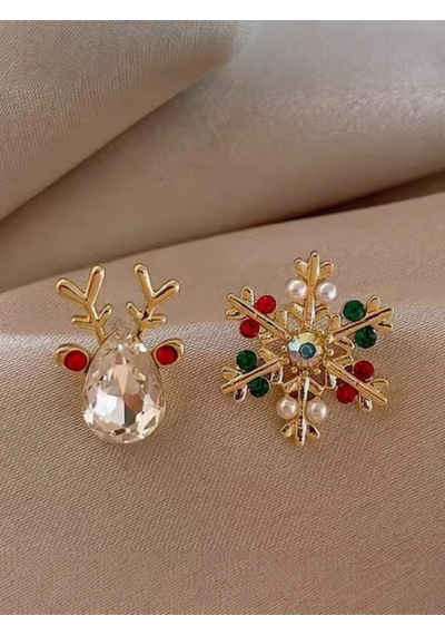 Şık Ve Sevimli Kar Tanesi Ve Ren Geyiği Desenli Damla Küpe Çok Renkli