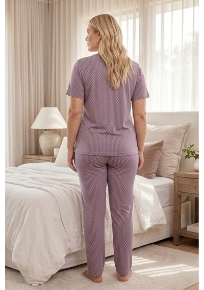 Eyfuze Kadın Büyük Beden Desenli Yakası Düğmeli Kısa Kollu Bambu Pijama Takımı Lila-2