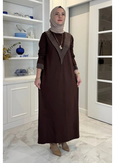 Rabia Şamlı Venüs Cupra Detaylı Triko Elbise Acı Kahve Normal