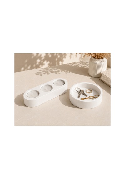 Taş Tozu Dekoratif Organizer Ve 3'lü Tealight Mumluk Seti Takılık, Anahtarlık, Ev Dekoru 3 Adet Tealight Mum Hediyeli Beyaz - 902046077 Beyaz - 902046077