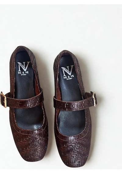 Ne&ve Shoes Kahve Hakiki Deri Örgü Desen Baskılı Kare Burunlu Tek Bantlı Kadın Şık Ve Rahat Babet Kahverengi