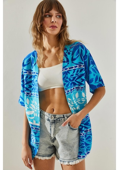 Shade Kadın Etnik Desenli Kısa Kollu Viskon Kimono 60251374 - Mavi