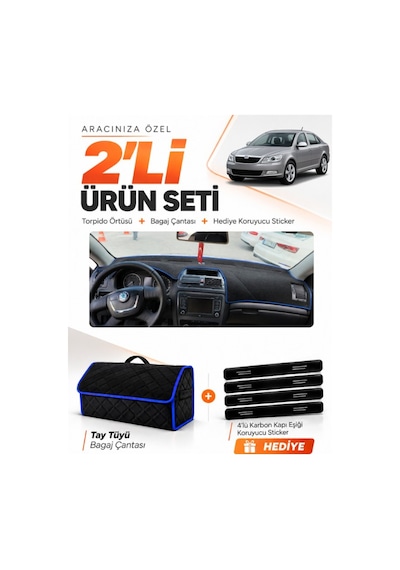 E-biz Skoda Octavia 2009-2012 Uyumlu Torpido Örtüsü + Tay Tüyü Bagaj Çantası - Siyah-mavi - Sk009