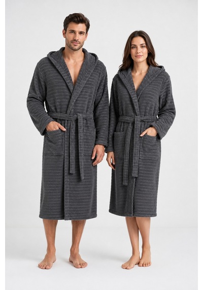 Pamuklu Kapüşonlu Banyo Bornozu Yumuşak Doku Çeyiz Cepli Kemerli Unisex Antrasit