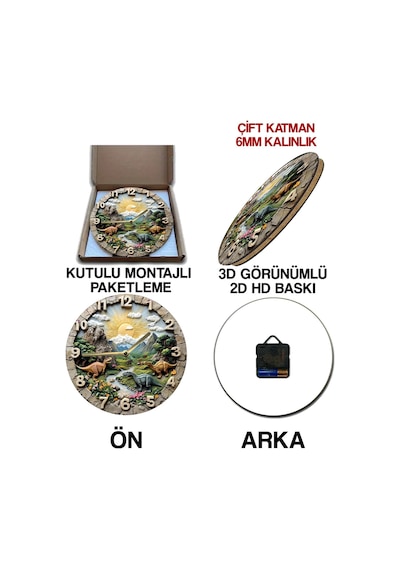 Sessiz Yuvarlak Ahşap Duvar Saati, Kuvars Dinazorlar 2d Sdw027 Renkli