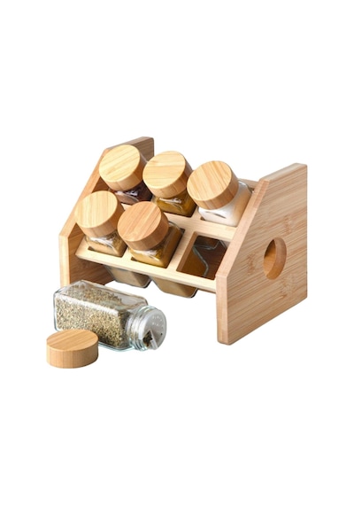 6 Lı Bambu Stantlı Cam Baharatlık, Baharat Takımı 3870 Sarı