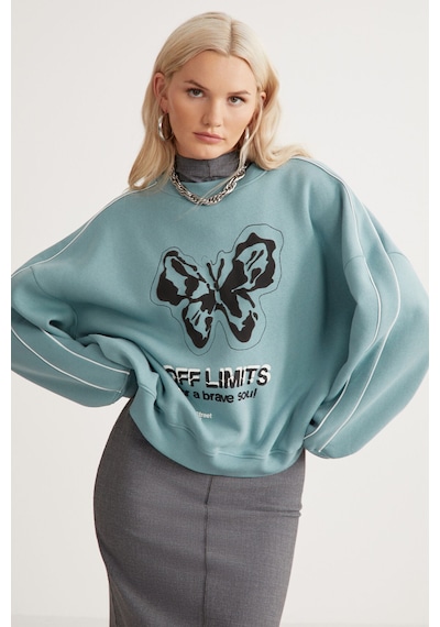 Grımelange Raketı Kadın Içi Polarlı Yumuşacık Bisiklet Yaka Biye Ve Parça Baskılı Relaxed Yeşil Sweatshirt