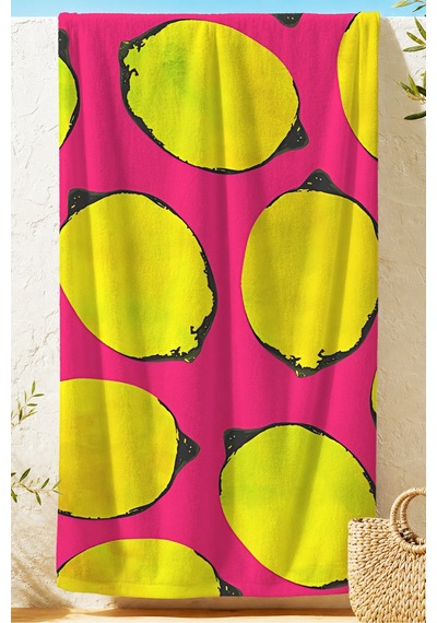 Limon Temalı Fuşya Sarı Plaj Havlusu - Tropikal Pop Art Havuz Deniz Hızlı Kuruyan Mikrofiber Havlu Çok Renkli