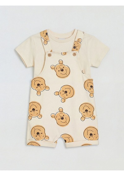 Nevaa Collection Ekru Winnie The Pooh Baskılı Erkek Bebek Salopet Ve Tişört Ekru