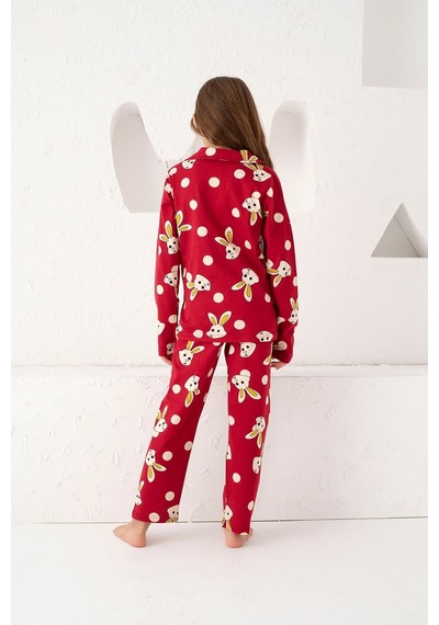 Siyah İnci Bordo Pamuklu Düğmeli Pijama Takım