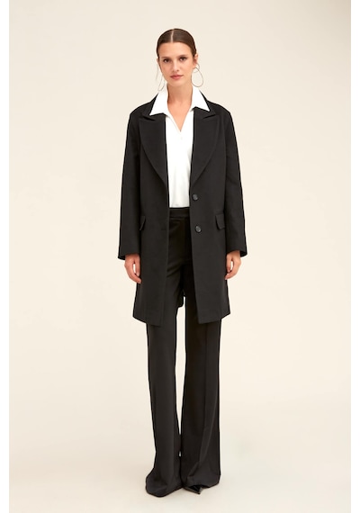 Hatemoğlu Saykı Woman Siyah Regular Fit Ceket Yaka Kaşe Oversize Manto 2956632 Siyah
