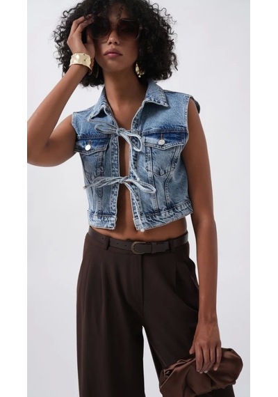 Defymoda Bağlama Detay Denim Yelek Mavi