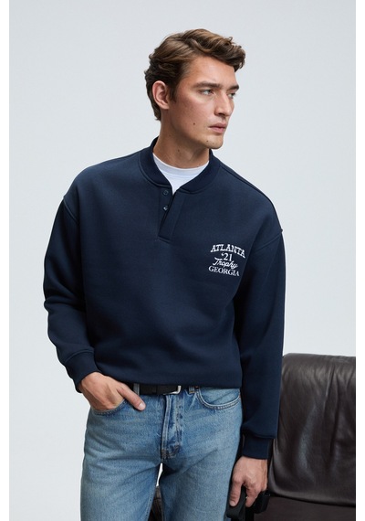 Grimelange JETHRO Erkek Bomber Yaka Patlı Düğmeli Göğsü Nakışlı Relaxed Fit Lacivert Sweatshirt