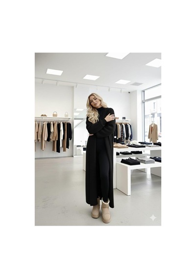 Hira Life Fashion Kadın Şal Yaka Uzun Triko Ve Sakallı Tüylü Hırka Siyah Siyah