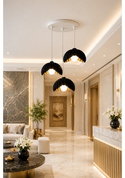 Lotus Çiçek Tasarım Üçlü Sarkıt Avize - Modern Tasarım Gece Lambası İç Dış Ortama Uygun - 25 Cm - Kahverengi Siyah