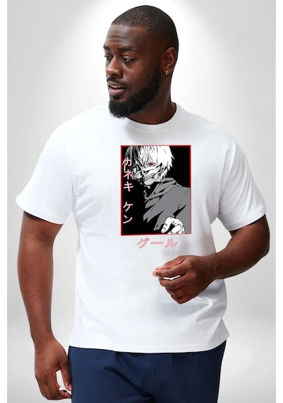 Angemiel Kaneki Ken Kuma Japon Anime Şeytan Beyaz Büyük Beden Kadın Erkek Ünisex Basic Ön Baskılı Tişört Beyaz