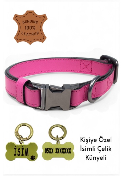 Hakiki Deri Köpek Boyun Tasması, Kişiye Özel Künyeli Lux Seri Pm Pembe